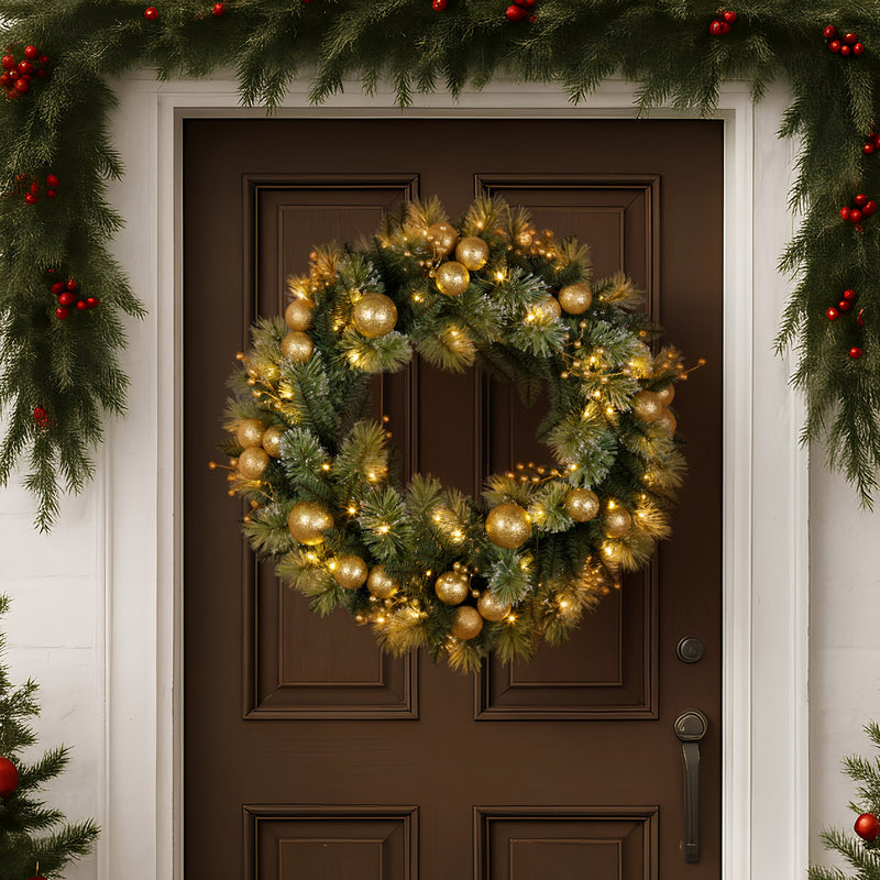 76cm Christmas Wreath with Battery-Operated Warm White Lights