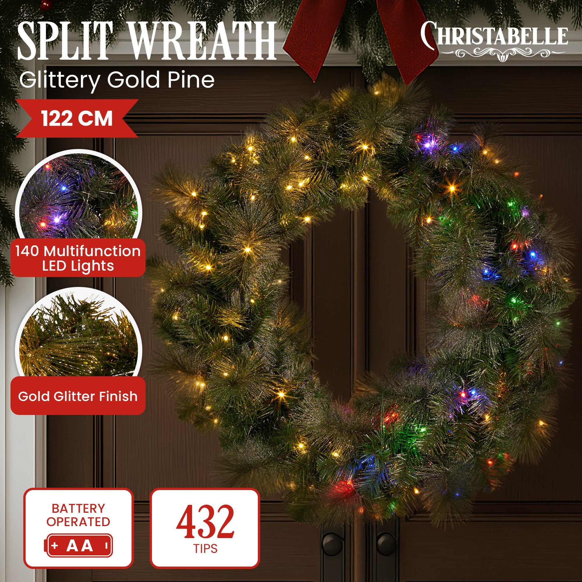 122cm Battery-Operated Split Christmas Wreath – Glittery Gold Pine