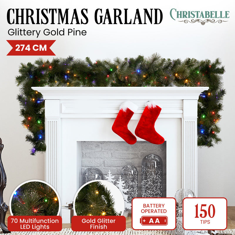 274cm Battery-Operated Christmas Garland – Glittery Gold Pine