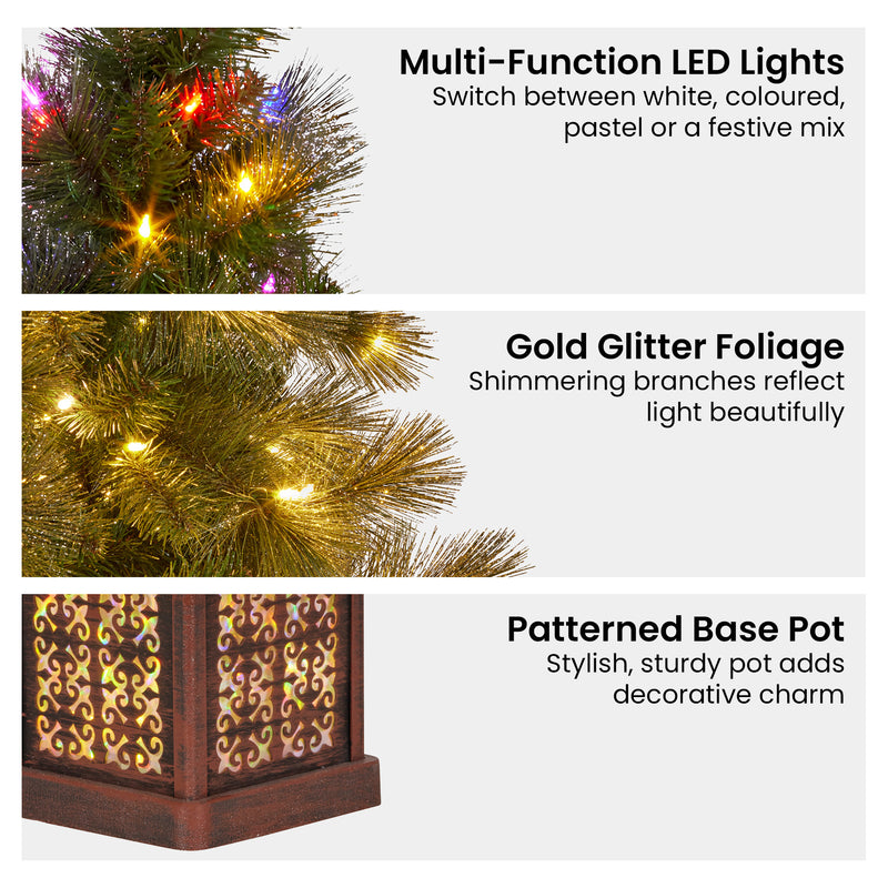 Christabelle 4ft Glittery Gold Pine Christmas Tree with LED Lights