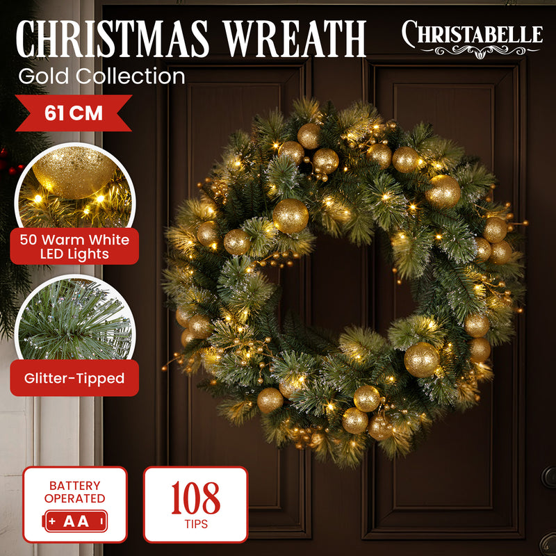 61cm Battery-Operated Christmas Wreath – Glittery Gold Pine
