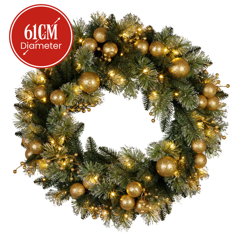 61cm Battery-Operated Christmas Wreath – Glittery Gold Pine