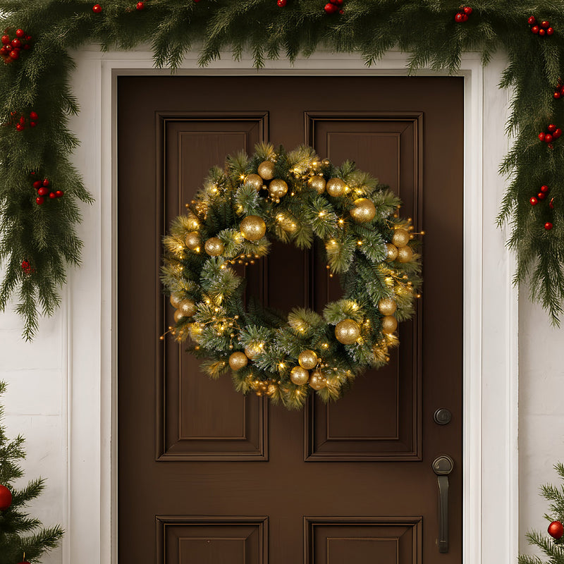 61cm Battery-Operated Christmas Wreath – Glittery Gold Pine
