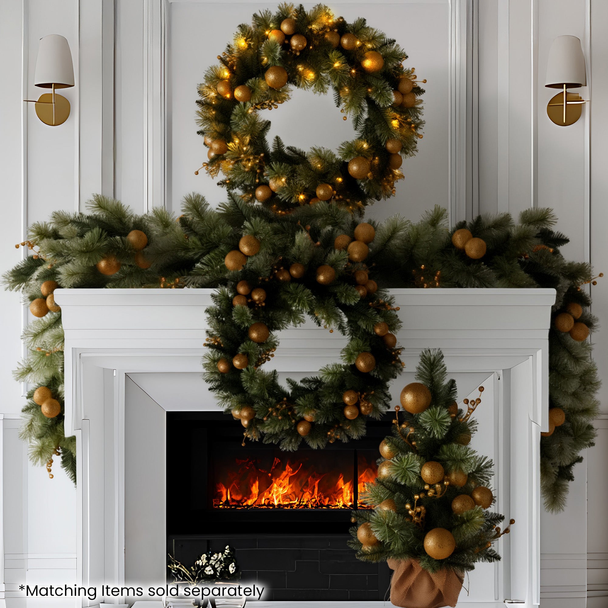 61cm Battery-Operated Christmas Wreath – Glittery Gold Pine