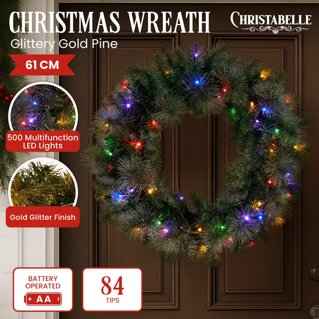 Christabelle 61cm Pre-Lit Gold Christmas Wreath with LED Lights