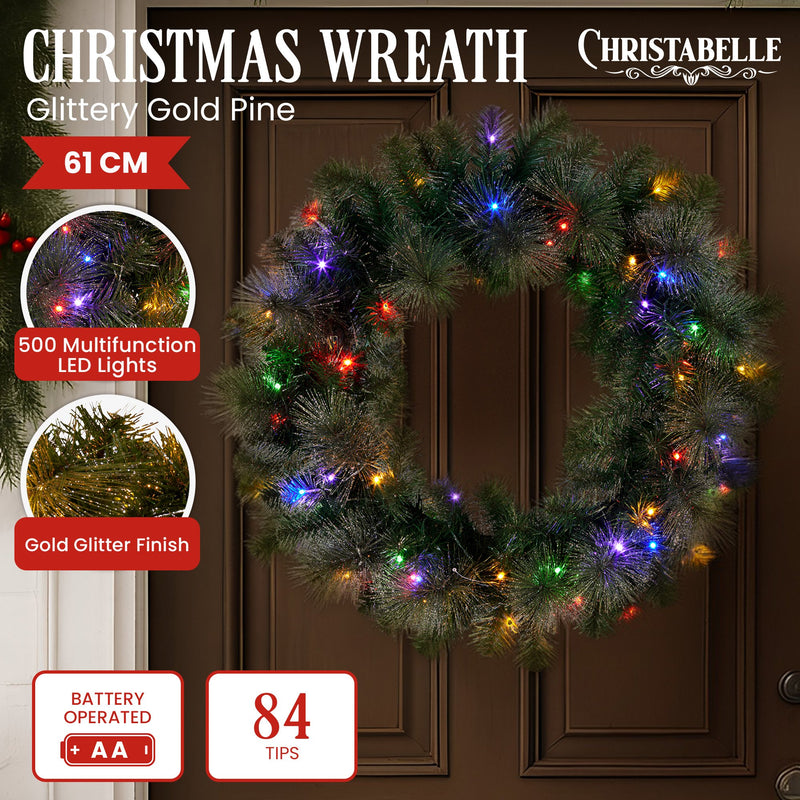 Christabelle 61cm Pre-Lit Gold Christmas Wreath with LED Lights