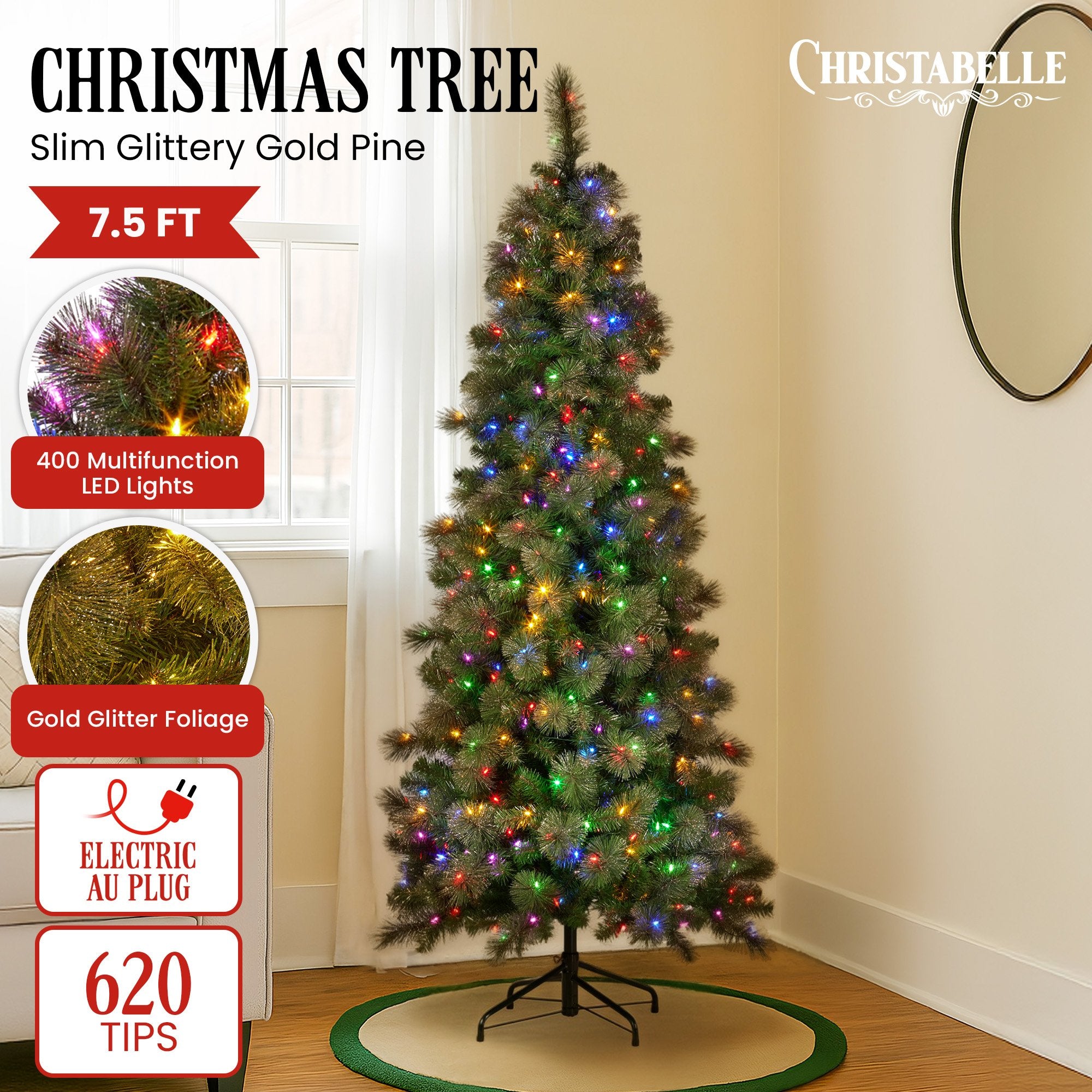 Christabelle 7.5FT Slim Pre-Lit Glitter Gold Christmas Tree LED Lights