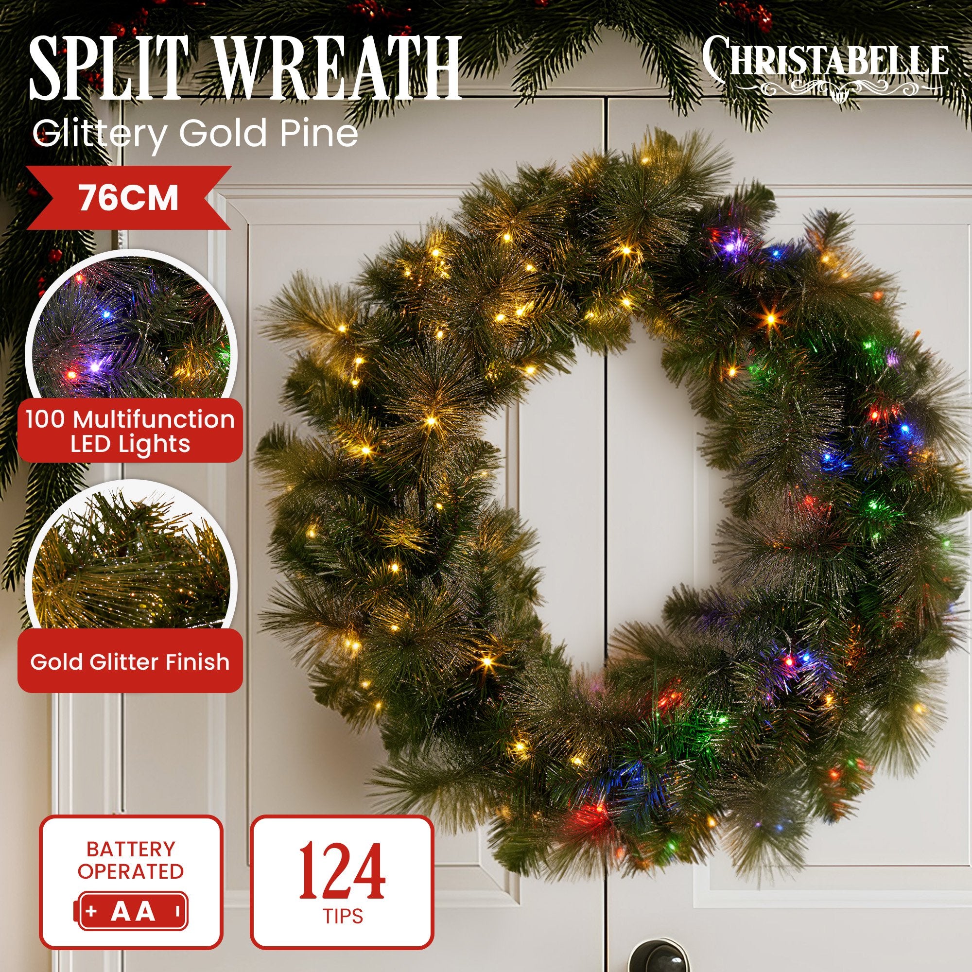 76cm Battery-Operated Glittery Gold Pine Christmas Wreath