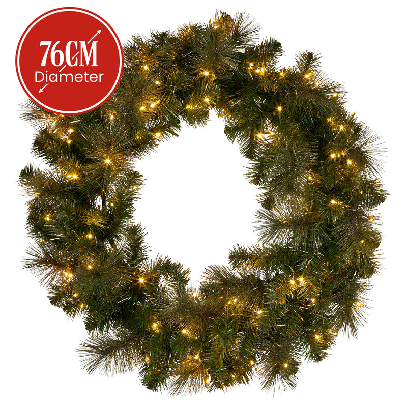 76cm Battery-Operated Glittery Gold Pine Christmas Wreath