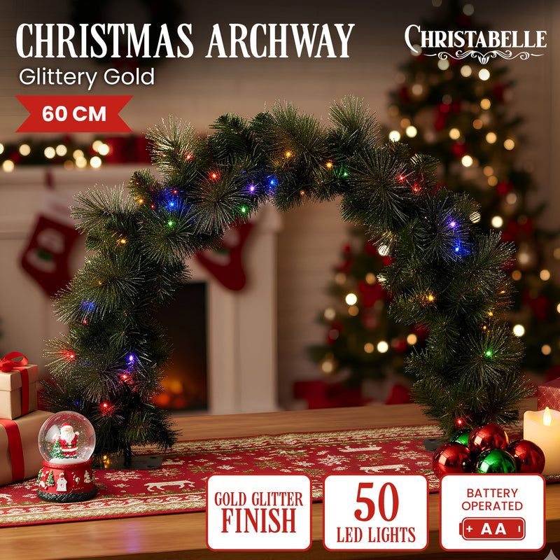 60cm Battery-Operated Christmas Archway Garland – Glittery Gold