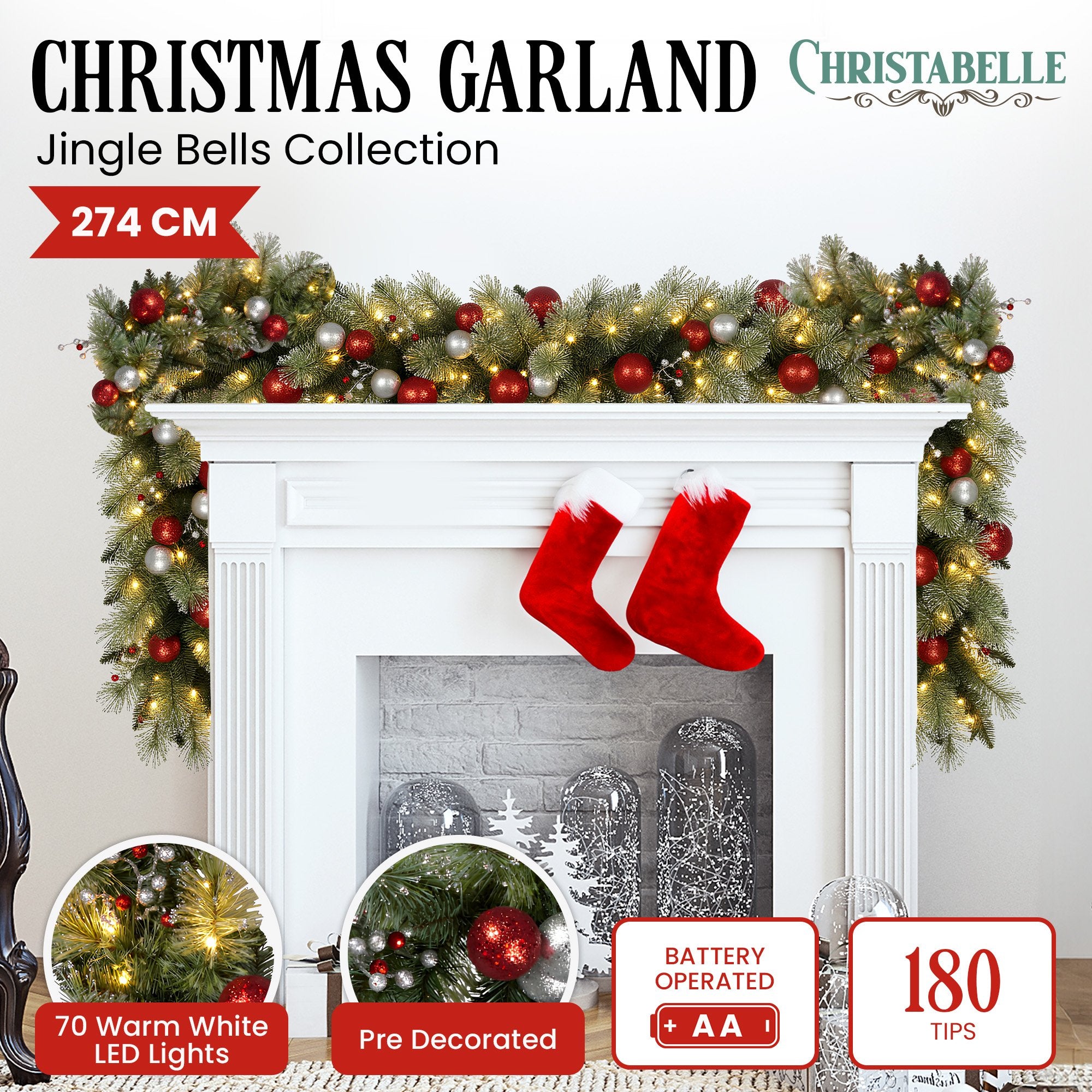 274cm Battery-Operated Christmas Garland with Jingle Bells