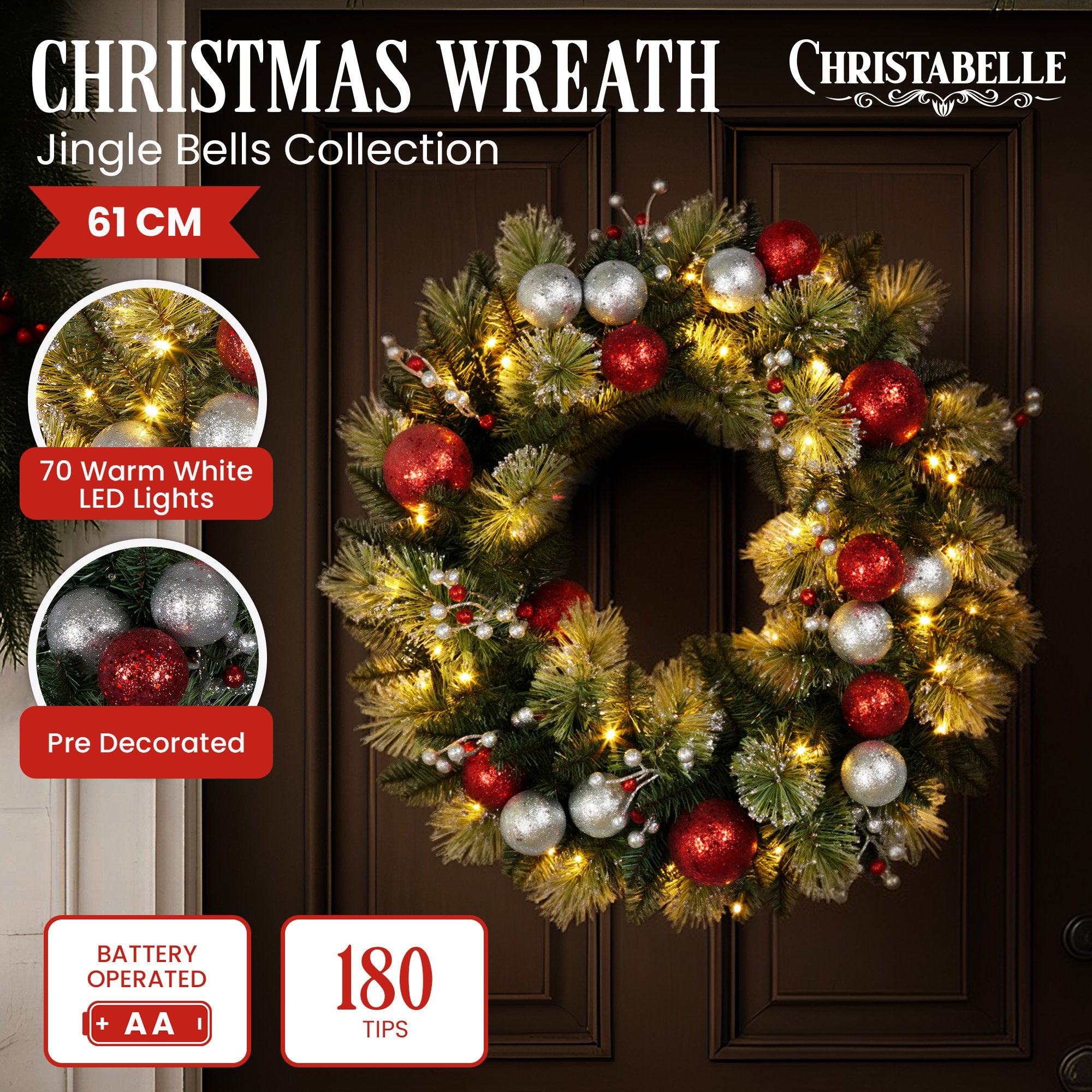 61cm Pre-Lit Christmas Wreath