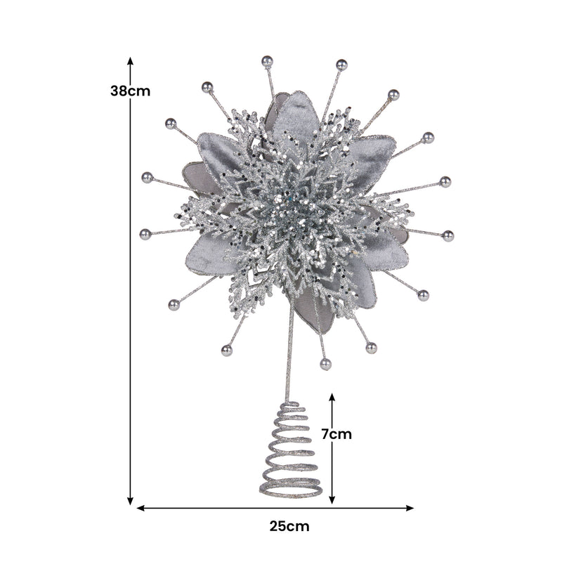 Silver Poinsettia Christmas Tree Topper Décor