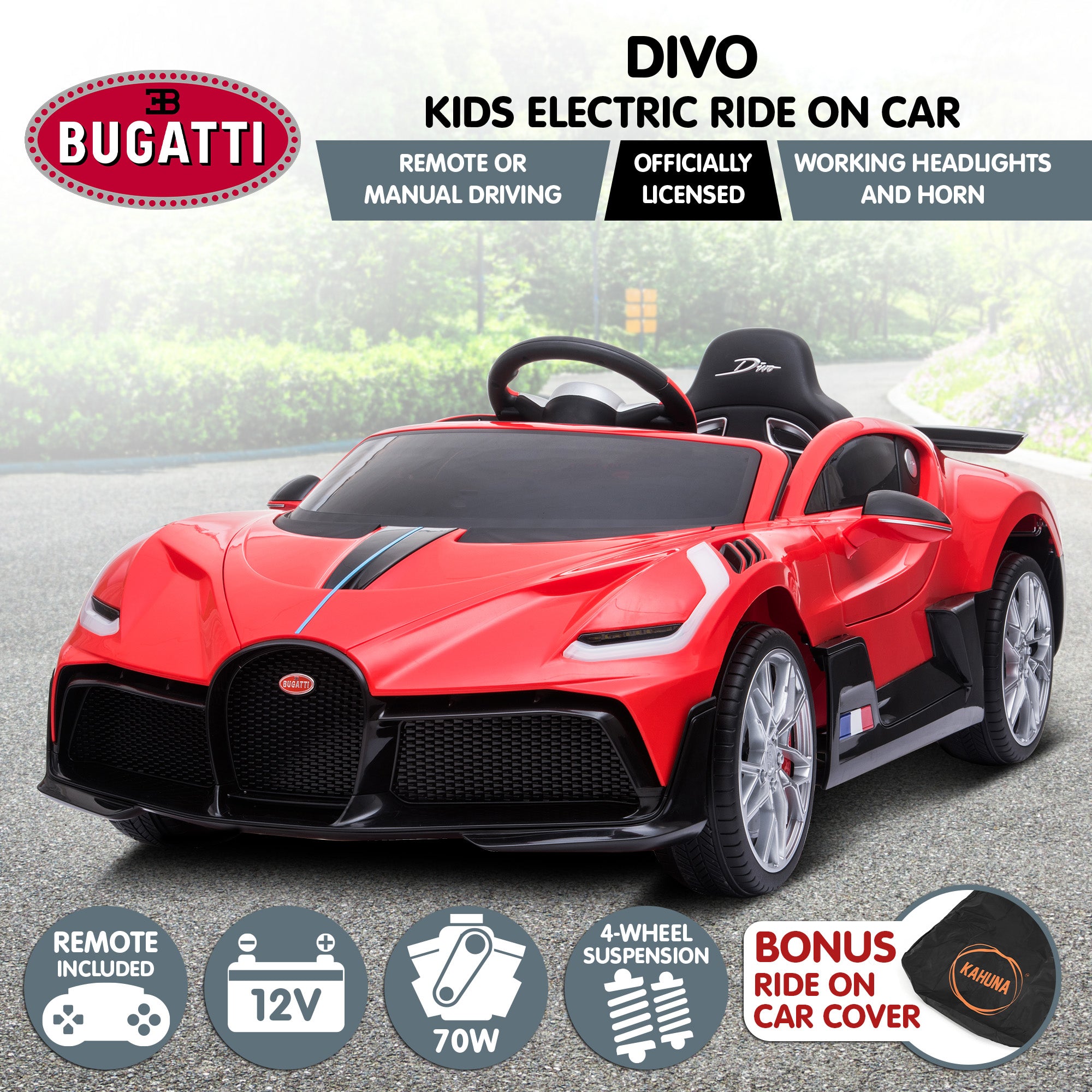 Kahuna Kids Electric Ride-On Car – Bugatti Divo Licensed (Red)