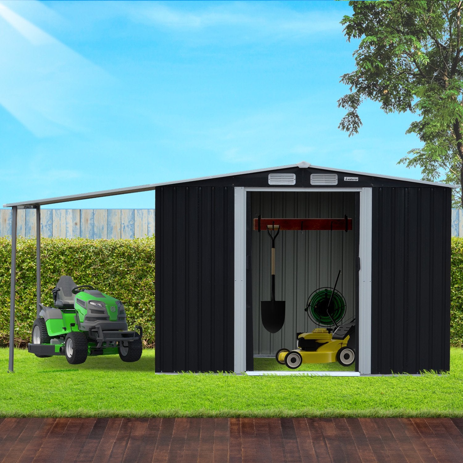 Wallaroo 10x8ft Zinc Steel Garden Shed – Open Storage, Black