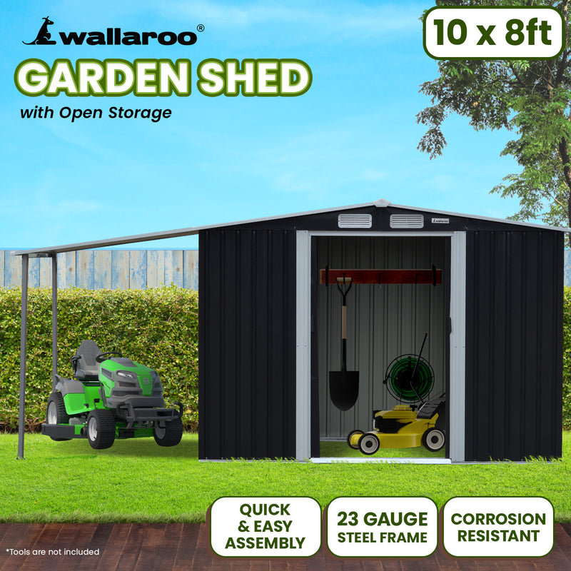 Wallaroo 10x8ft Zinc Steel Garden Shed – Open Storage, Black