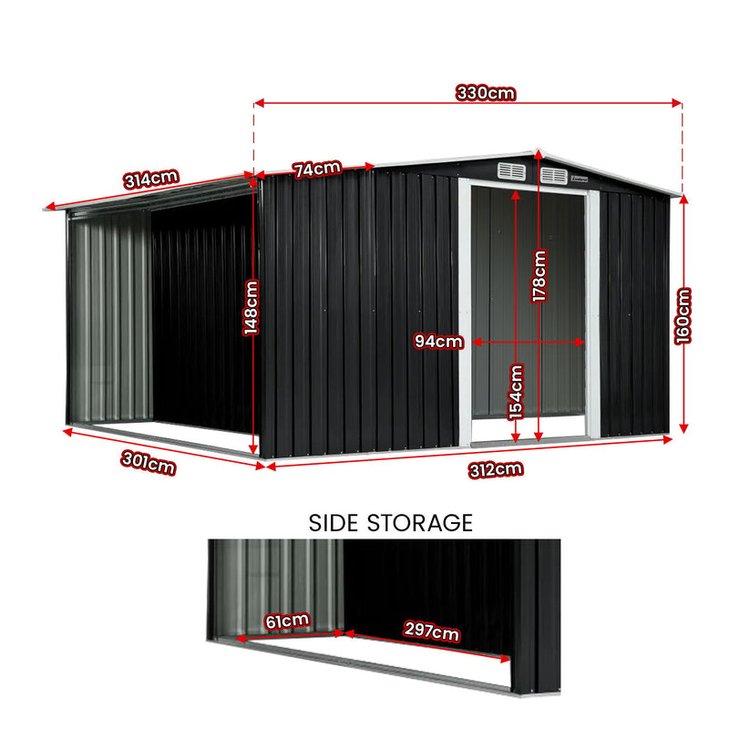 Wallaroo 10x8ft Garden Shed – Semi-Closed Storage, Black