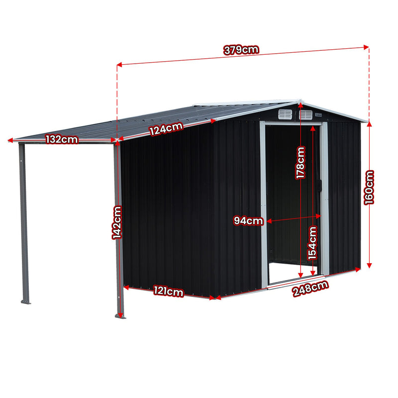 Wallaroo 4x8ft Zinc Steel Garden Shed – Open Storage, Black