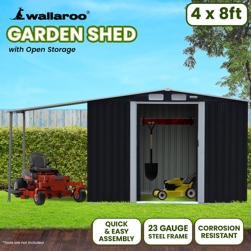 Wallaroo 4x8ft Zinc Steel Garden Shed – Open Storage, Black