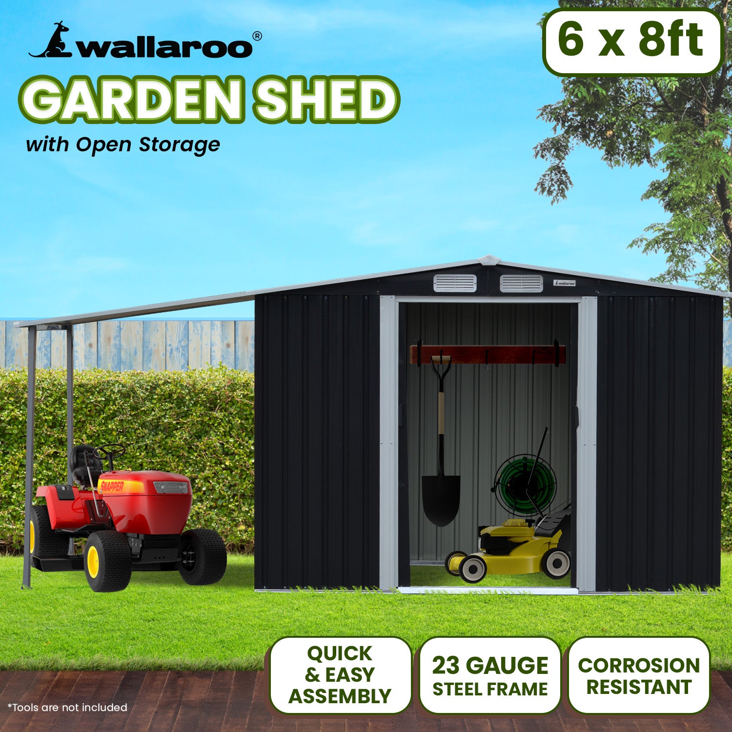 Wallaroo 6x8ft Zinc Steel Garden Shed – Open Storage, Black