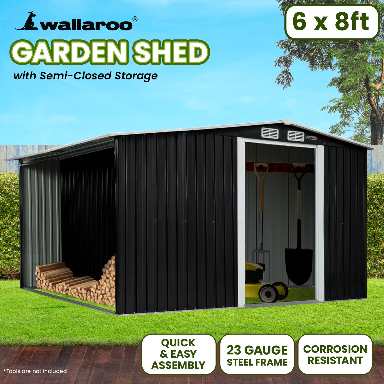 Wallaroo 6x8ft Garden Shed – Semi-Closed Storage, Black