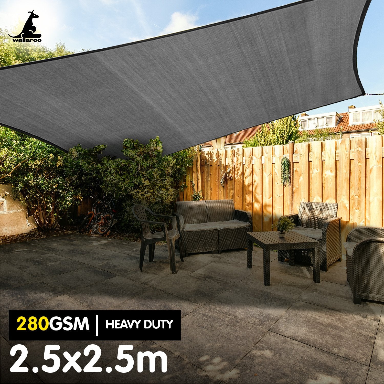 Wallaroo 280gsm Square Shade Sail Canopy 2.5×2.5m – Grey