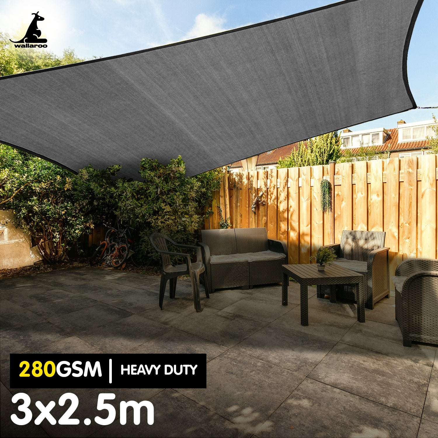 Wallaroo 280gsm Rectangle Shade Sail Canopy 3×2.5m – Grey