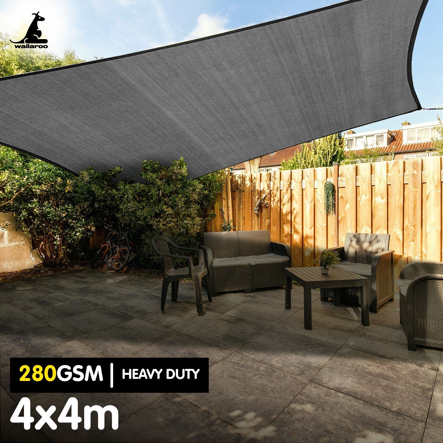 Wallaroo 280gsm Square Shade Sail Canopy 4×4m – Grey