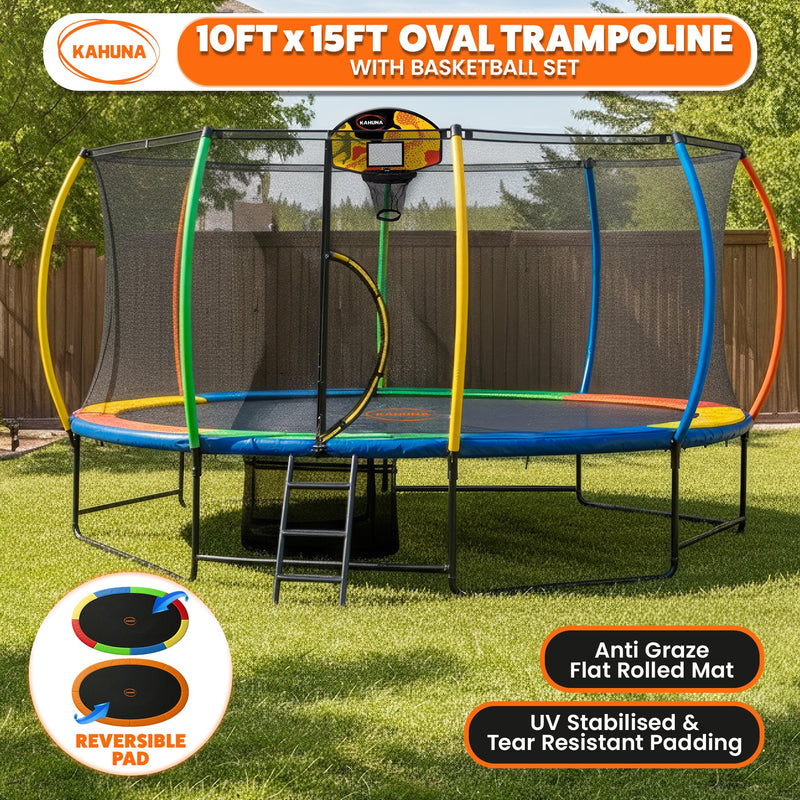 Kahuna 10×15ft Oval Trampoline LED Hoop, Net & Ladder