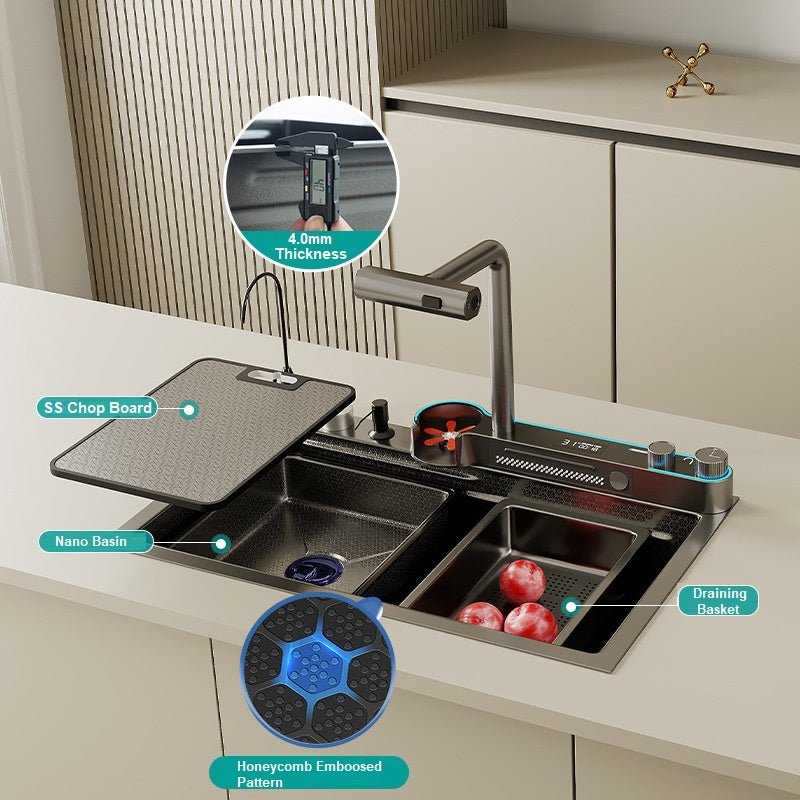 Integrated Waterfall Kitchen Sink with Digital Display – Stainless Steel