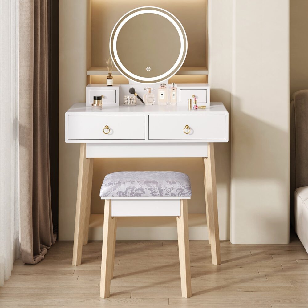 White Vanity Table Set with Stool & LED Mirror