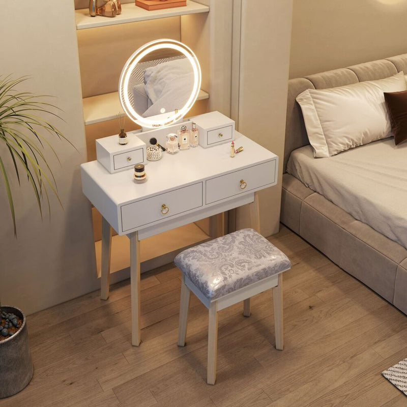 White Vanity Table Set with Stool & LED Mirror