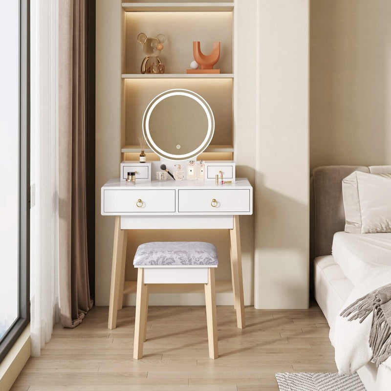 White Vanity Table Set with Stool & LED Mirror