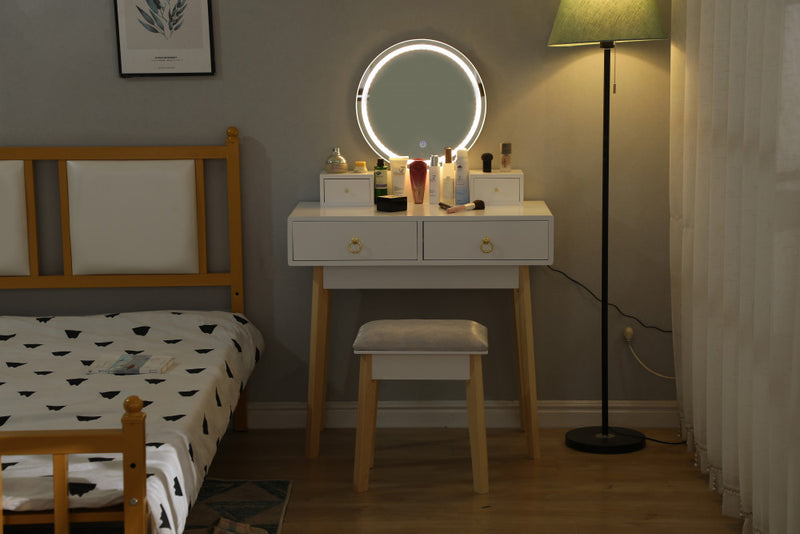 White Vanity Table Set with Stool & LED Mirror