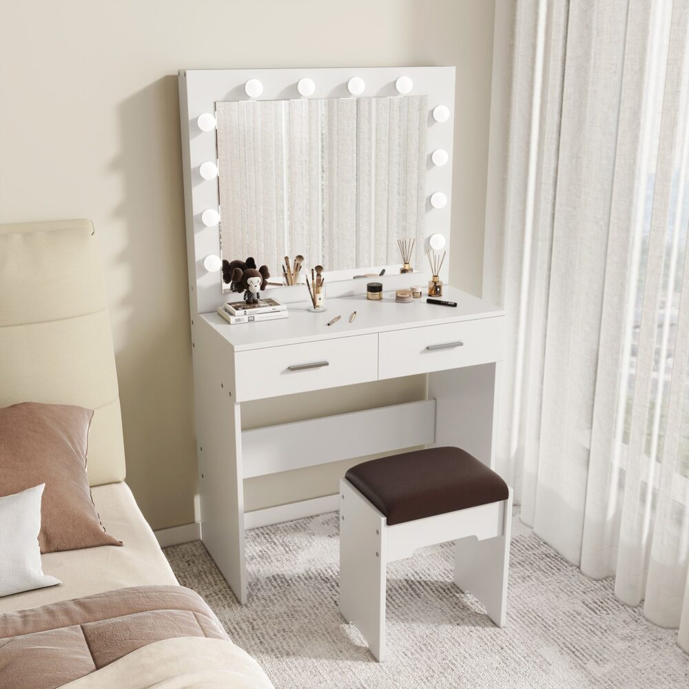 Fidel White Vanity Set with Lighted Mirror & Stool