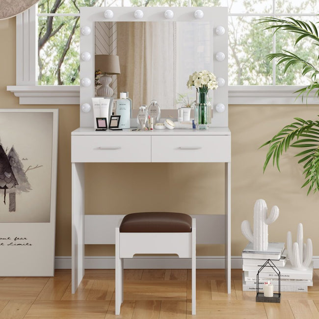 Fidel White Vanity Set with Lighted Mirror & Stool