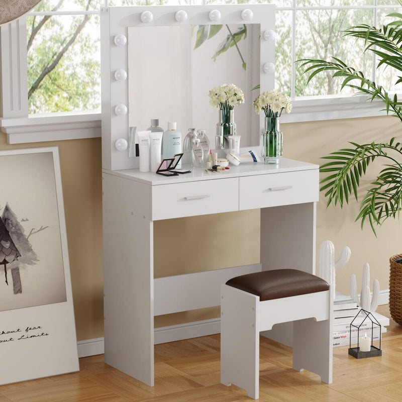 Fidel White Vanity Set with Lighted Mirror & Stool