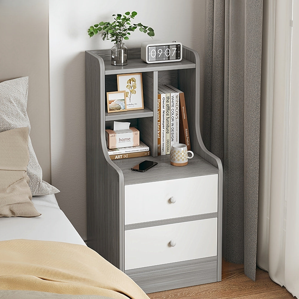 Minimalist Nightstand – Gray Wood Grain with White Drawers