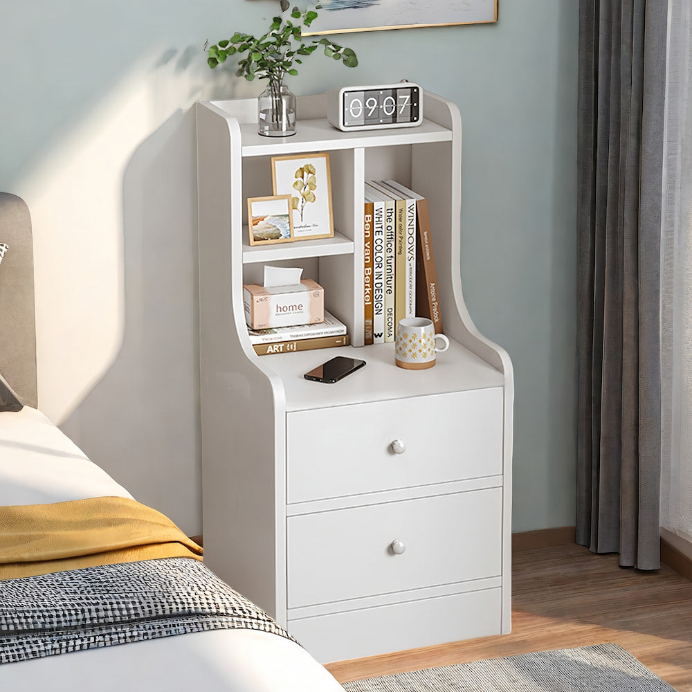 White Wooden Nightstand with Drawers