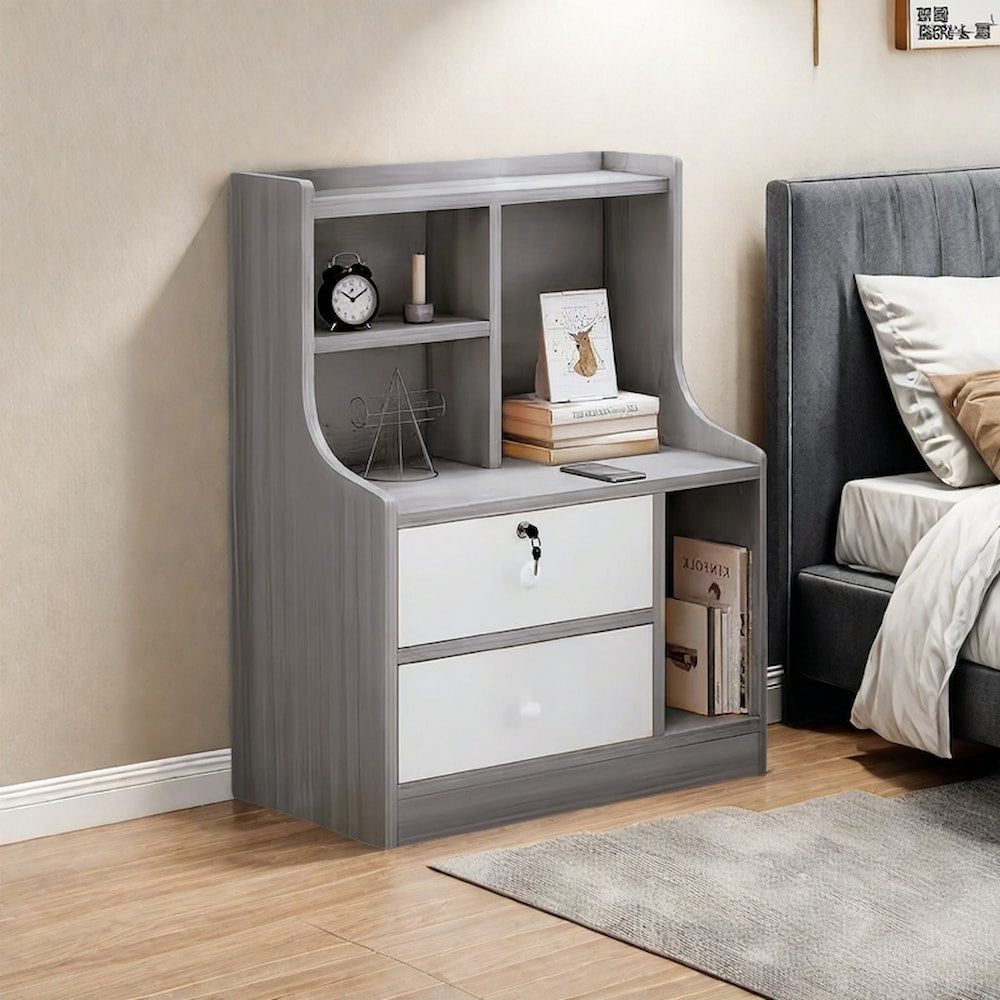 Light Gray Nightstand with White Drawers & Open Shelf – 70cm