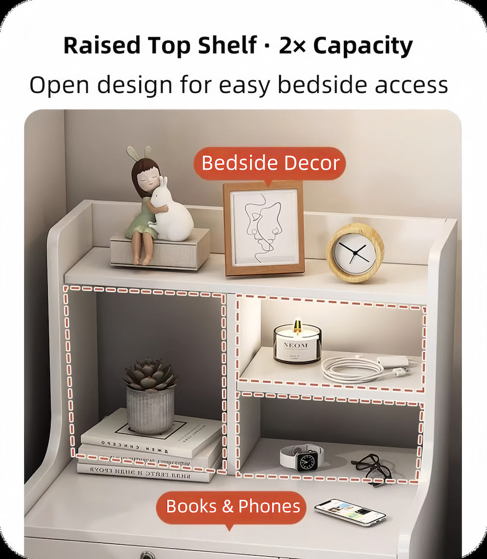 Light Gray Nightstand with White Drawers & Open Shelf – 70cm