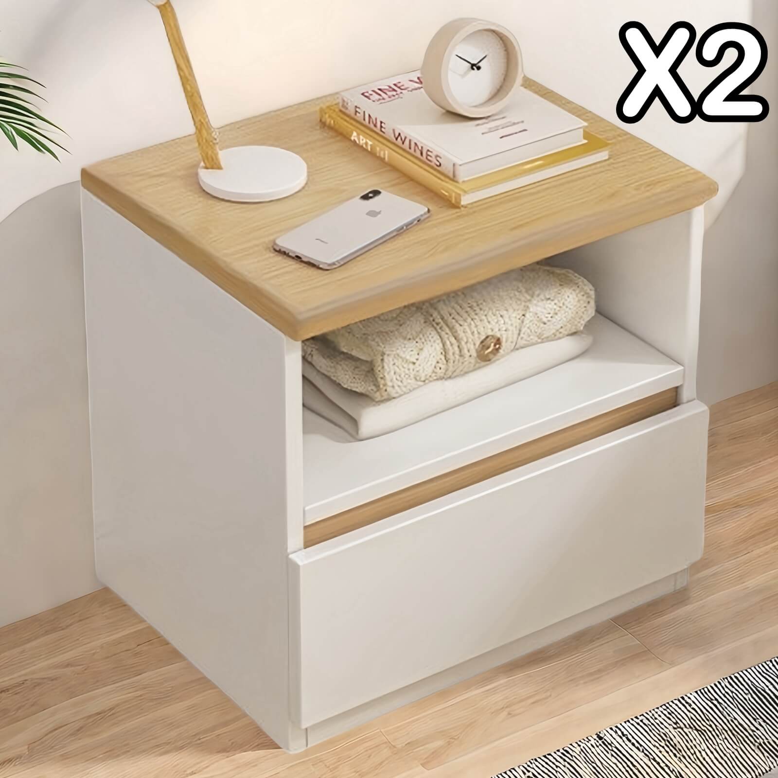 Set of 2 Bedside Tables – White & Oak Drawer