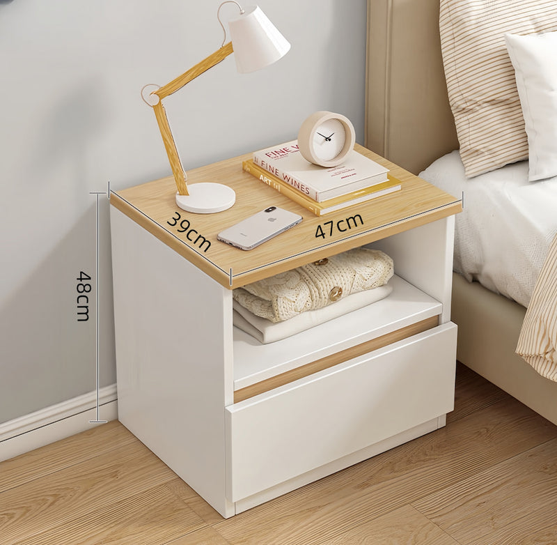 Set of 2 Bedside Tables – White & Oak Drawer