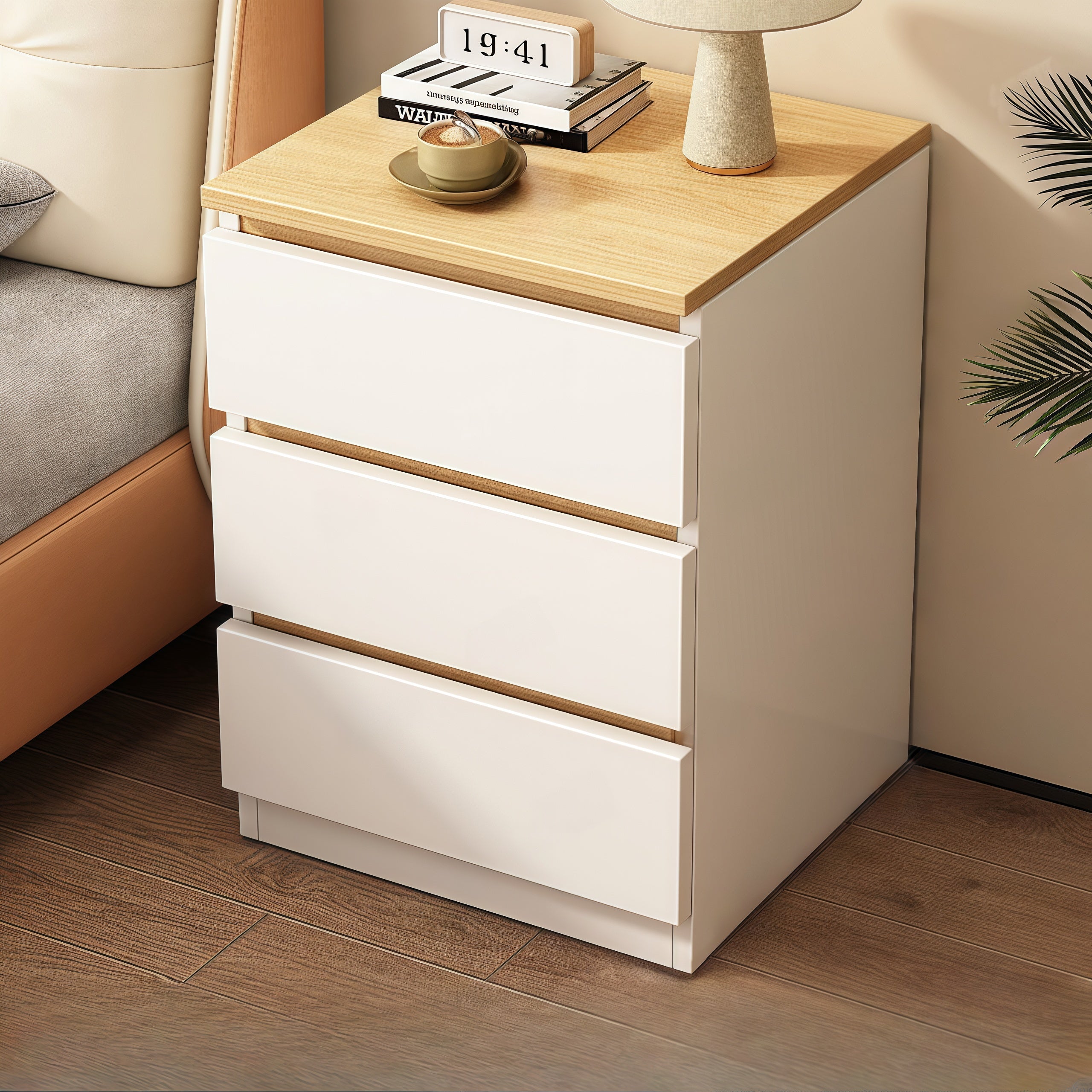 Nightstand with Wood Top & White Triple Drawer