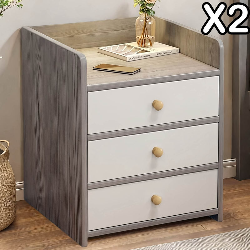 Set of 2 Bedside Tables – 3 Drawers, Light Gray & White