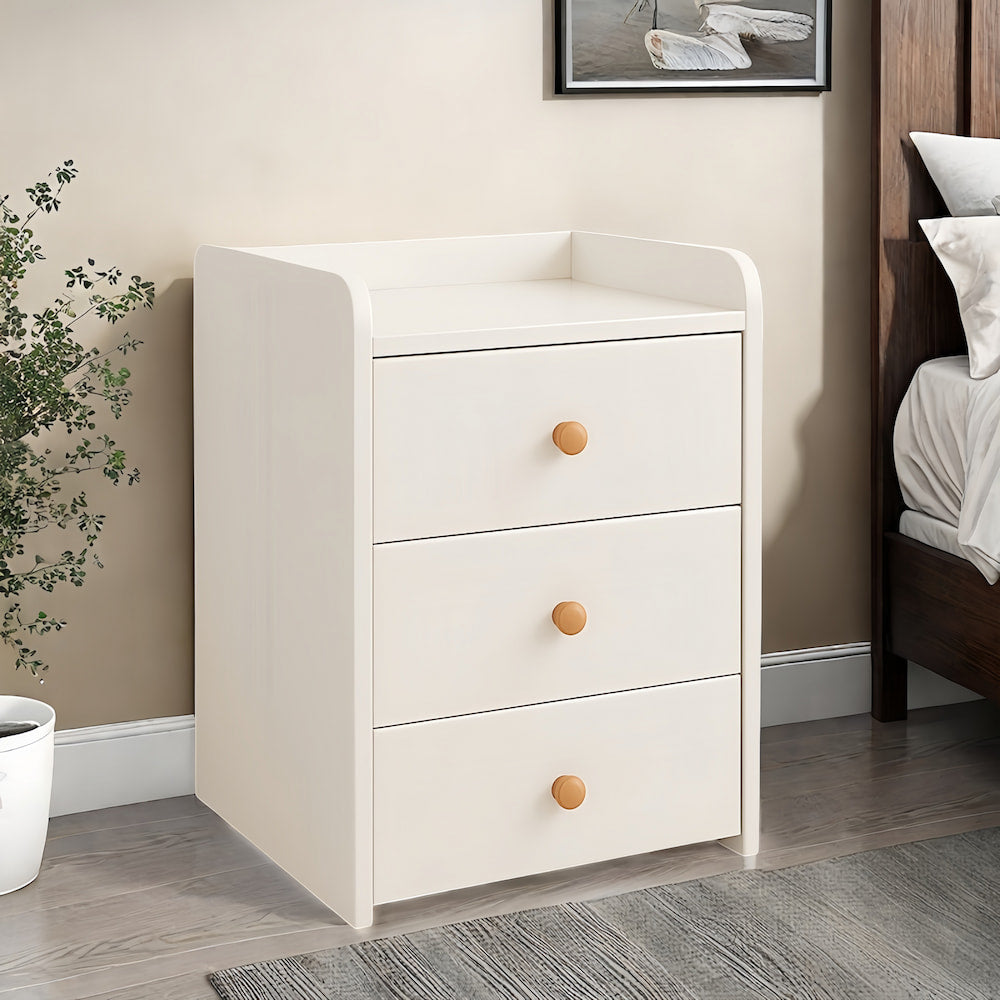 Minimalist White Nightstand – 3 Drawers with Wooden Handles