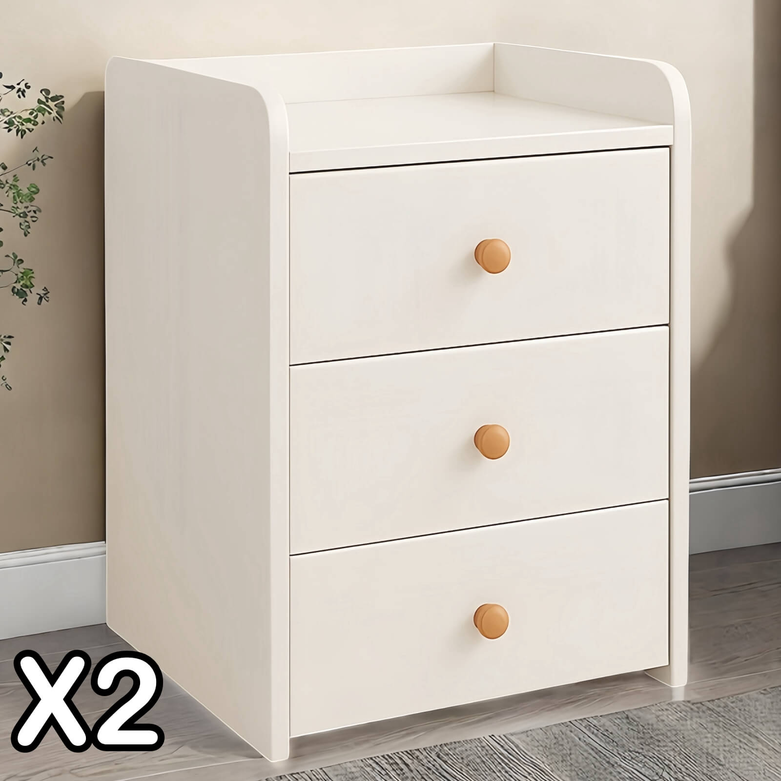Set of 2 White Bedside Tables – 3 Drawers, Wooden Knobs