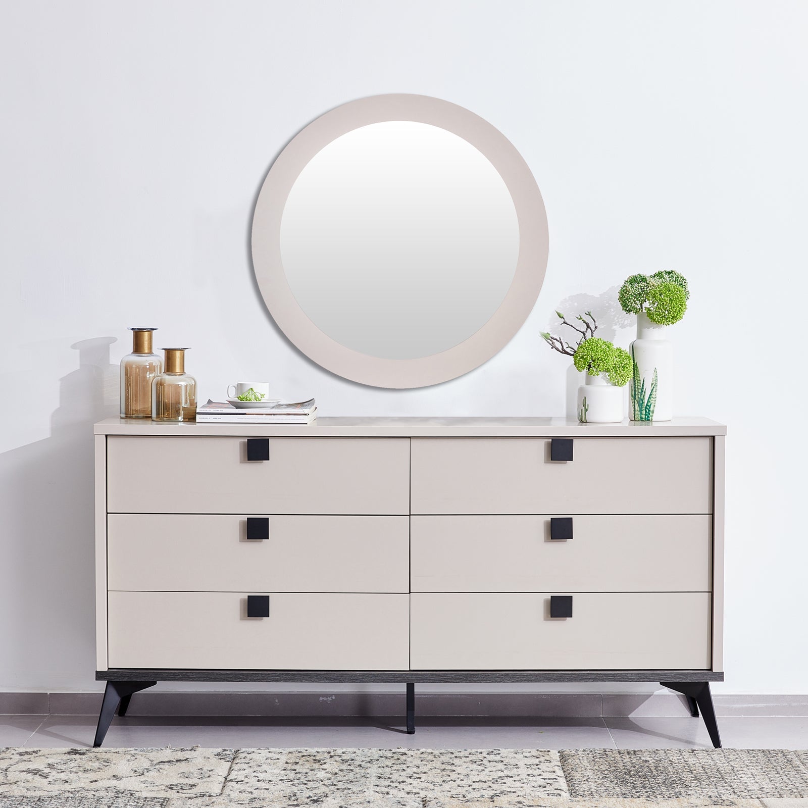 Champagne & Black 6-Drawer Dressing Chest with Mirror