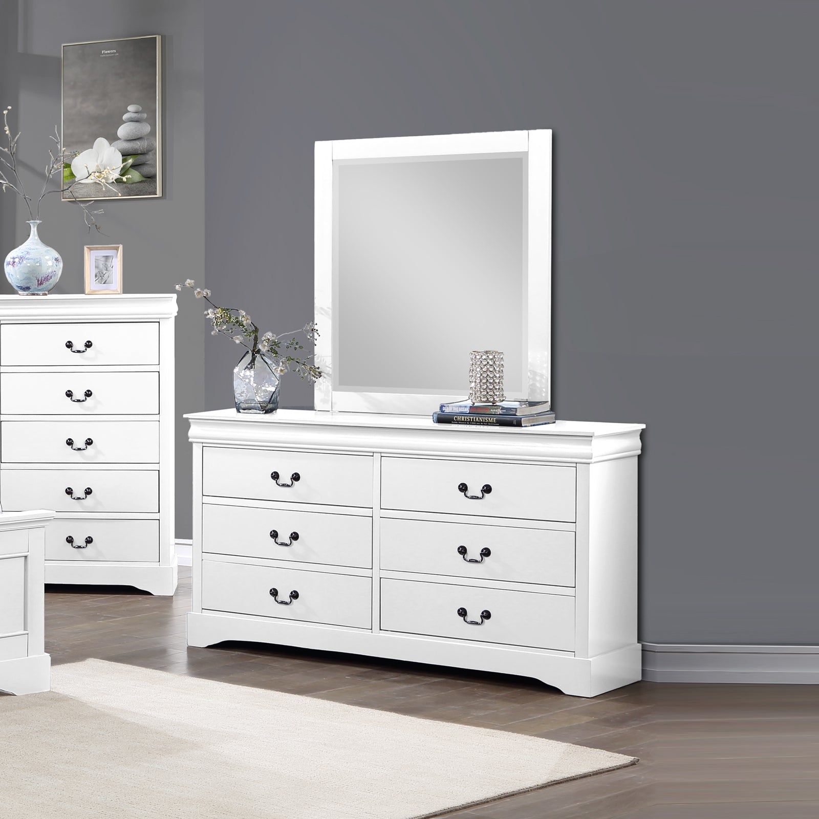 White Wooden Dressing Chest with 6 Drawers & Mirror