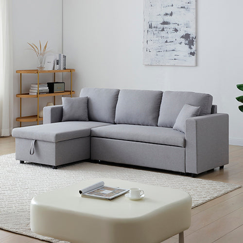 Multifunctional Fabric Sofa Bed with Chaise & Cushions (Light)